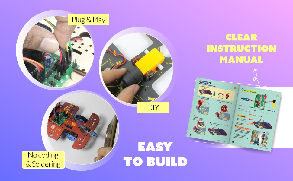 Educational electronics kit featuring plug-and-play components, DIY projects, and a race car model. Includes clear instruction manual for easy assembly without coding or soldering.
