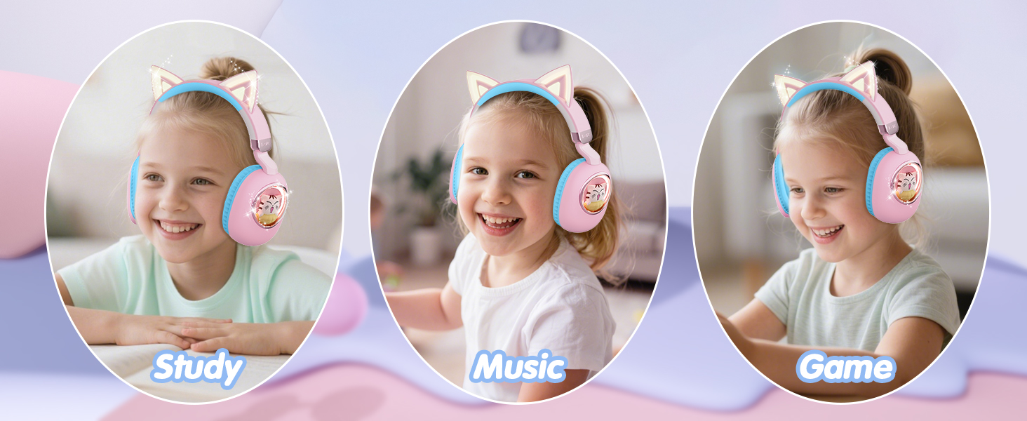 Text reads 'Study Music Game'. Series of circular interface buttons showing options for different activities, with a soft pink and blue color scheme.