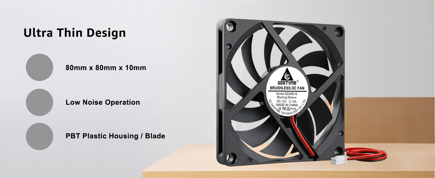 GDSTIME Ultra Thin 80mm x 80mm x 10mm 12V DC Brushless Cooling Fan