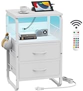 runjuly White Night Stand with Charger Station, Bed Side Table with Storage, LED Nightstand with ...