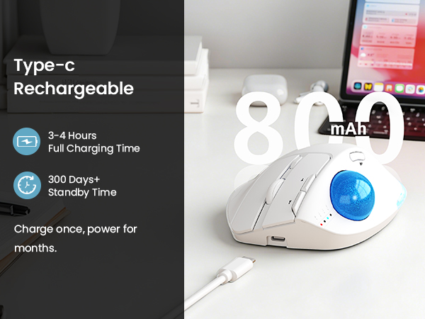 Wireless Trackball Mouse, Ergonomic Bluetooth Rechargeable Computer Mouse