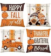 Ni-JASW Gnomes Pumpkin Fall Throw Pillow Covers 18x18 inch Set of 4, Orange Brown Plaid Autumn Ho...