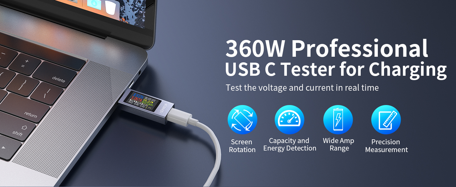 360W Professional USB C Tester for charging connected to laptop. Features voltage and current display, supports QC and PD protocols, and offers real-time testing.
