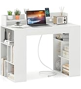 Giantex White Desk with Storage Shelves, 43" Home Office Computer Desk with Charging Station, Dua...