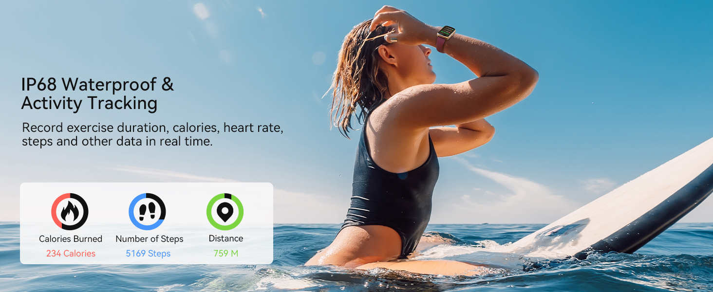 IP68 waterproof activity tracker with steps/calories burned/distance