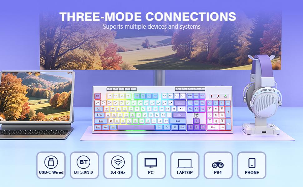 three mode connections bt3.0 bt5.0 2.4ghz usb-c