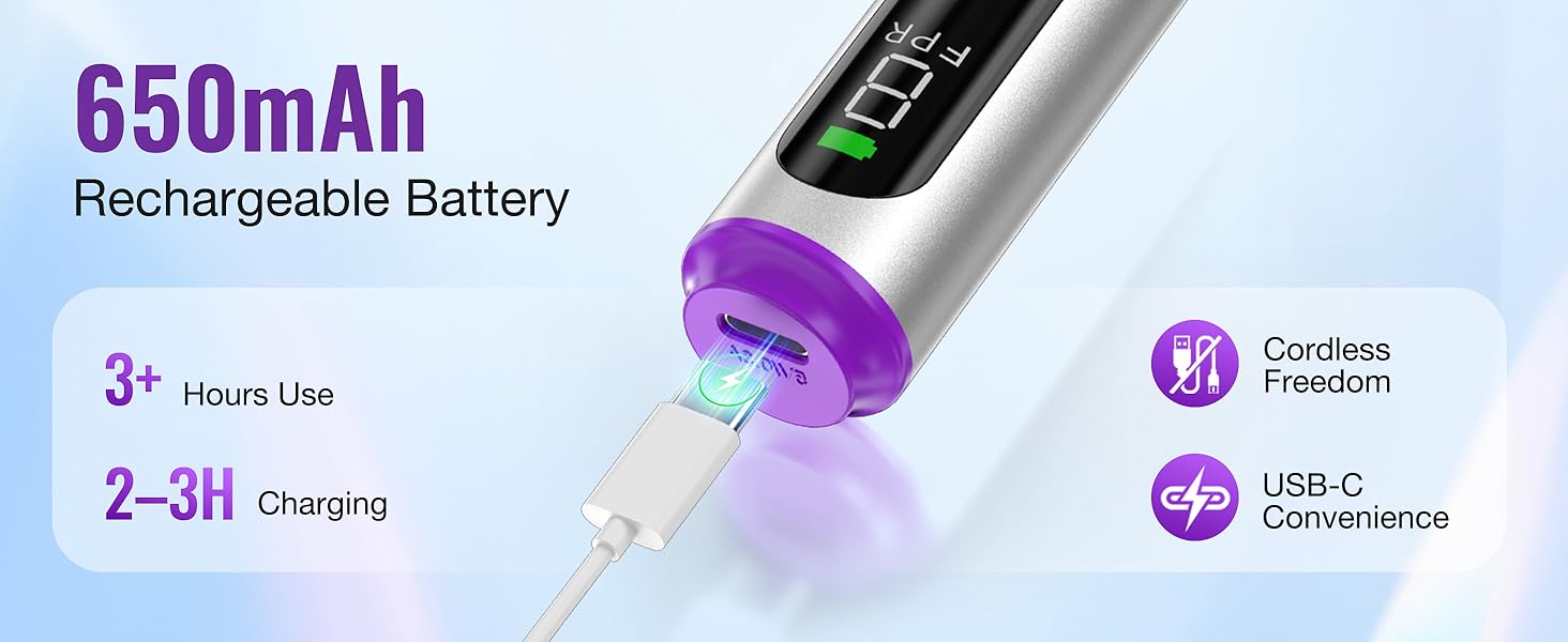 Cordless Electric Nail Drill 650mAh Long Capacity Rechargeable Battery USB C Charging 3 Hours Use