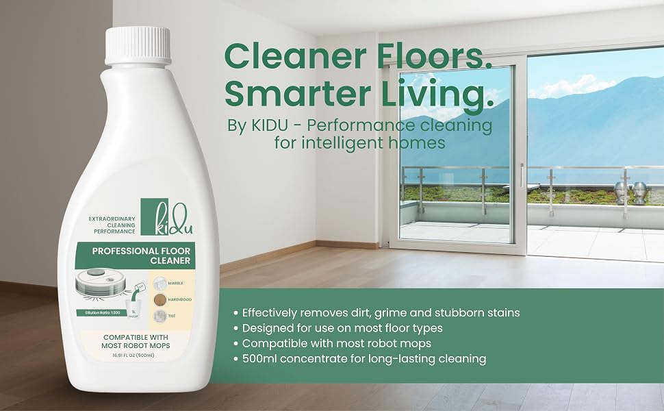 Floor cleaner bottle in clean modern living room with sunlight on hardwood floor