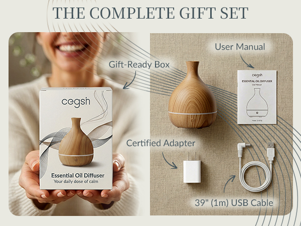 Complete gift set of wood grain aroma diffuser including 5V wall adapter and 39 inch power cable.