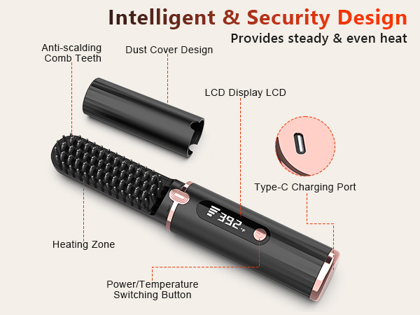 Cordless Hair Straightener Brush, Portable 4500mAh Rechargeable Straightening Comb, MCH Fast Heat