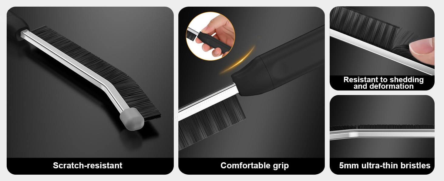 Text reads 'Resistant to swashing', 'Scratch-resistant', 'Comfortable grip'. Series of black and white product detail images showing surface textures and grip features.