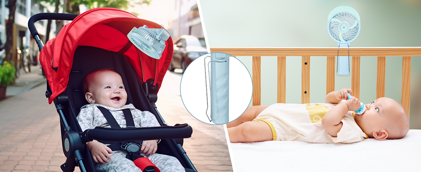 Split image of baby in red stroller and infant on changing table. Both scenes feature a small electronic device attached or nearby.
