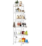 6 Tier Slim Storage Cart with Pull-Out Baskets Rolling Cart with Wheels Wood Top Narrow Utility C...
