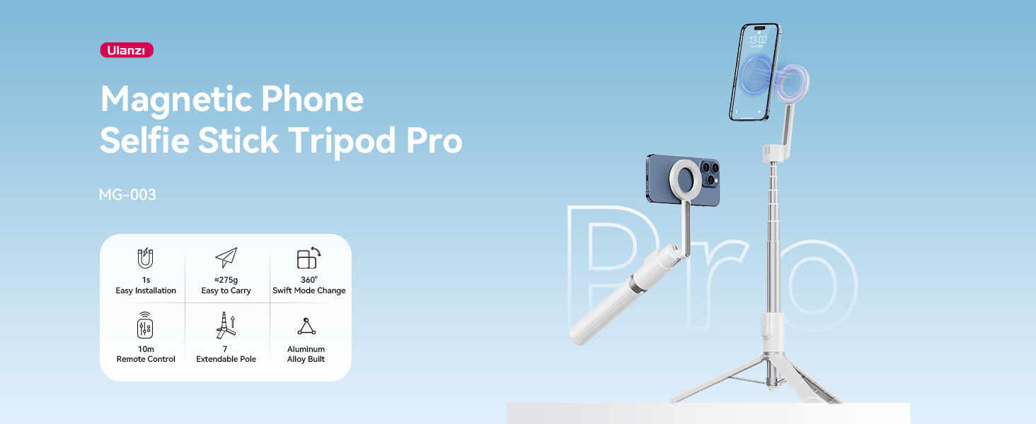 ULANZI 54'' Magnetic Selfie Stick Tripod Pro, All-in-One Phone Tripod w Magnetic Phone Holder 