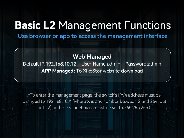 Text reads 'Basic L2 Management Functions' and 'Web Managed'. Technical interface screenshot showing network management settings with IP address configuration details.