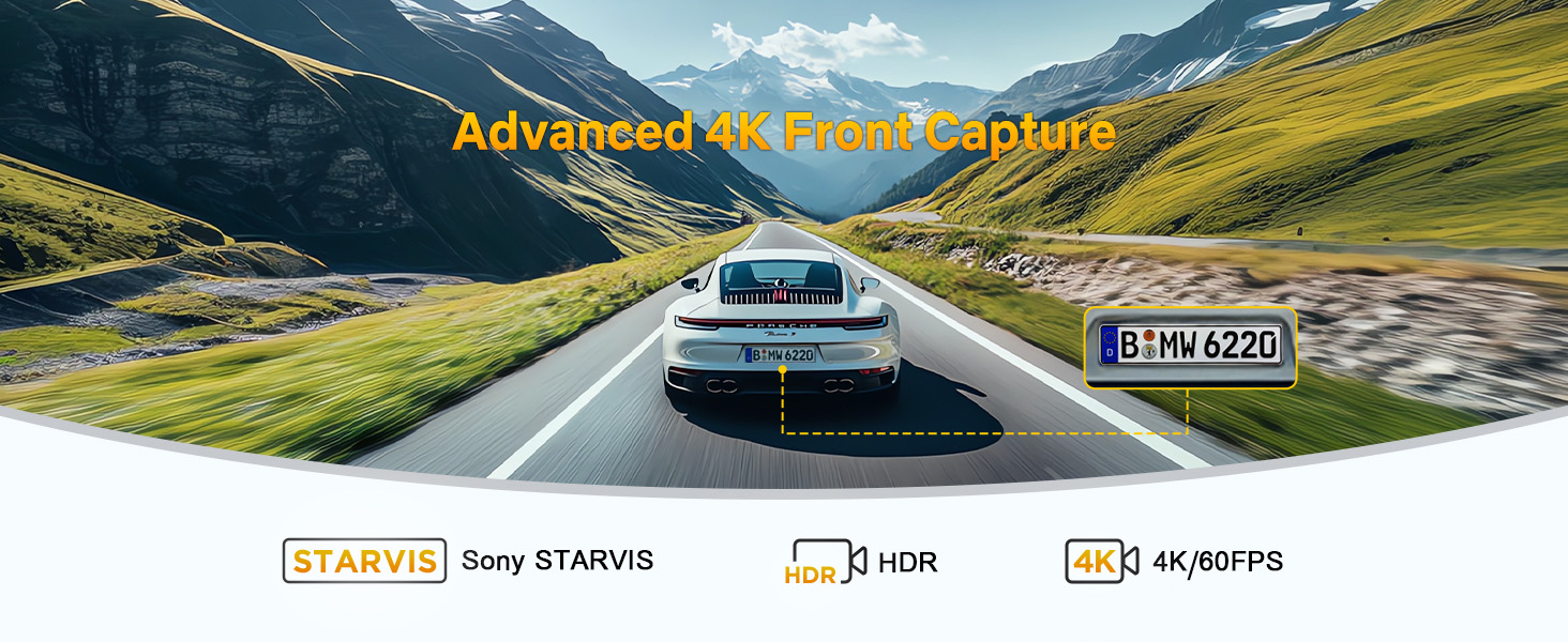 Car dashboard view of a winding mountain road with green hills. Overlay text mentions 'Advanced 4K Front Camera' and technical features.
