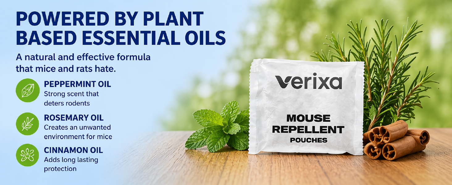 Verixa Mouse Repellent Pouches 10 Pack, Natural Peppermint Cinnamon Oil Rodent Deterrent Indoor