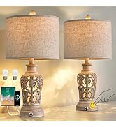 OYEARS 21.75'' Touch Control 3-Way Dimmable Table Lamp Set of 2, Retro Farmhouse Lamp with USB Po...