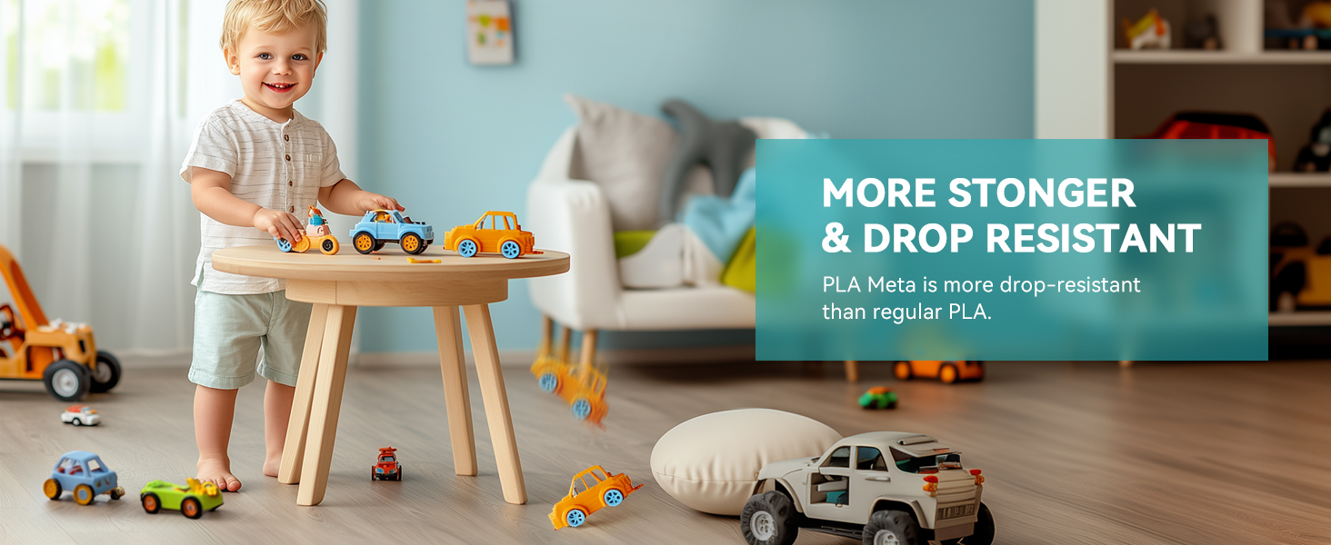 Small wooden table with toy vehicles on top. Text overlay reads 'MORE STONGER &amp; DROP RESISTANT'. Various colorful toy cars and trucks scattered on wooden floor nearby.