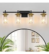 Spiglamm 4-Lights Black and Gold Bathroom Vanity Light, Modern Bathroom Wall Sconces Lighting wit...