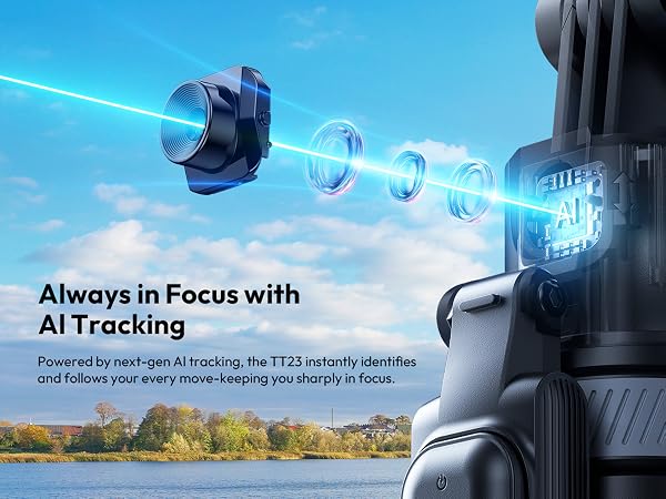 Text reads 'Always in Focus with AI Tracking'. Series of drone or aerial photography shots showing landscape views with technical overlay information.
