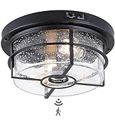 CALOKES Motion Sensor Outdoor Flush Mount Ceiling Light - Sleek Round Exterior with Seeded Clear ...