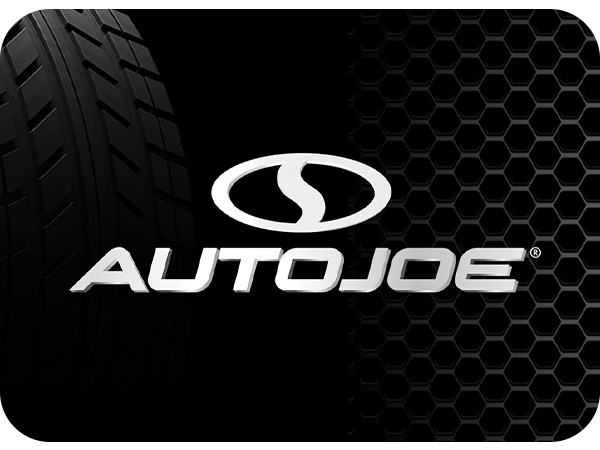 A black background and a tire with the AutoJoe company logo. Text reads: AutoJoe.