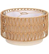 Boho Rattan Lamp Shade, 12.6" Top x 12.6" Bottom x 7.68" High, Natural Rattan &amp; Linen Double Laye...
