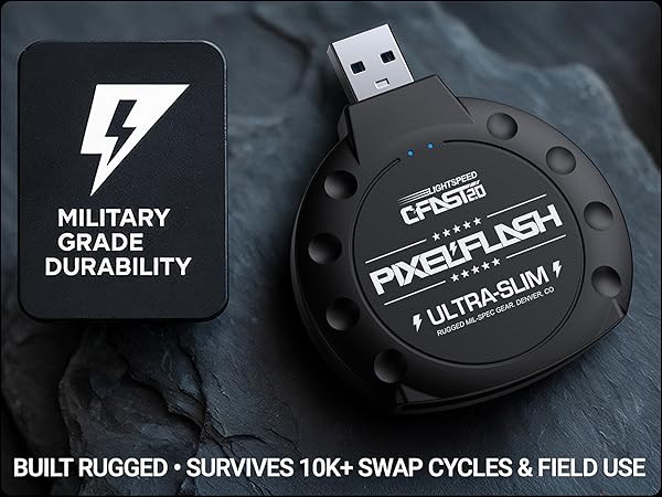 Black PixelFlash Classic USB CFast reader adapter, military grade durability, 10K swap cycles tested