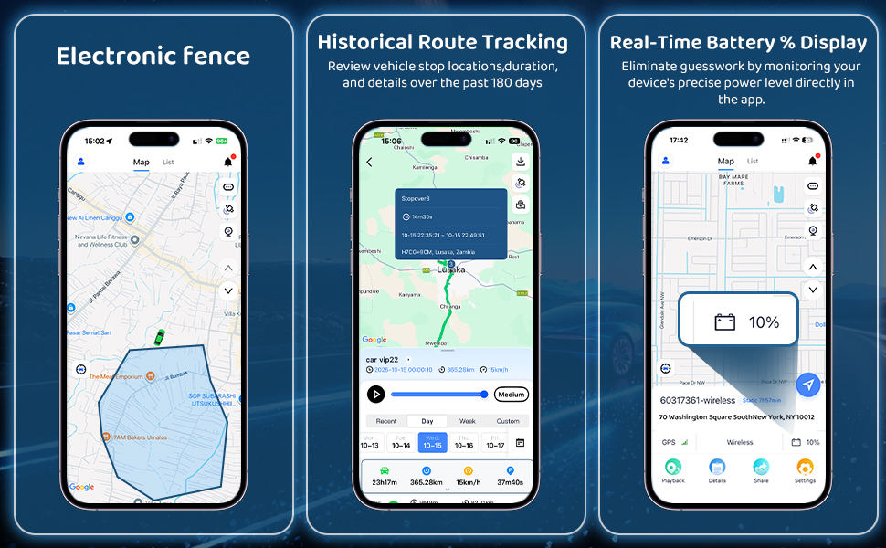 1 Electronic fence 2Historical Route Tracking 180 days 3 Real-Time Battery % Display