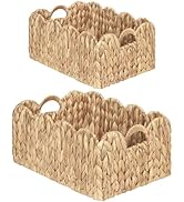 iEGrow Scalloped Wicker Basket, Set of 2 Woven Rattan Natural Water Hyacinth Baskets with Built-i...