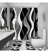 beifivcl 4Pcs Red Shower Curtain Sets with Non-Slip Rugs, Toilet Lid Cover and Bath Mat, Black an...