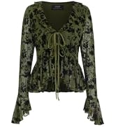 CIDER Tie Front Blouse Women Floral Mesh V Neck Bell Sleeve Top | lace sheer blouse, long sleeve,...