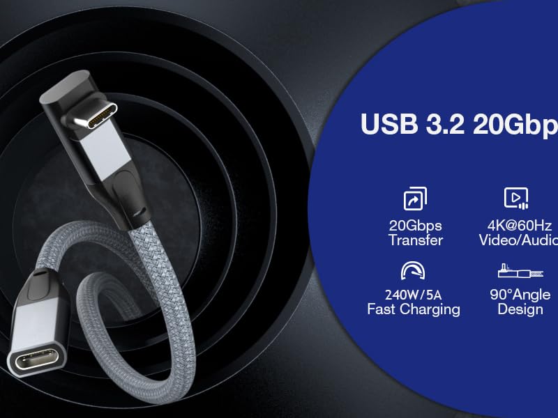 90 degree right angle usb c 3.2 extension cable 20gbps 4k@60hz 240w usb-c to magsafe 3 cable