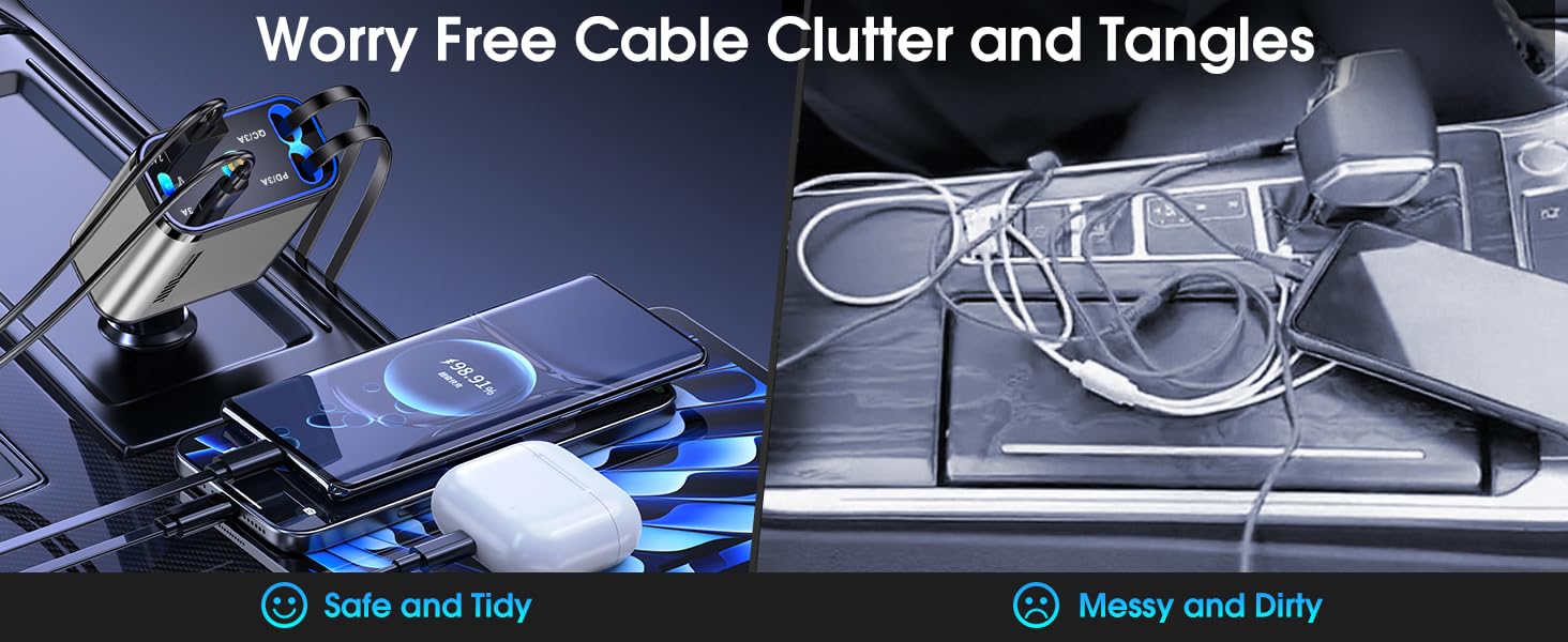 Say goodbye to tangled cables and clutter with the retractable feature,keep your car neat and tidy