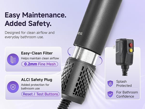 Hair dryer with easy-clean filter and ALCI safety plug for bathroom use