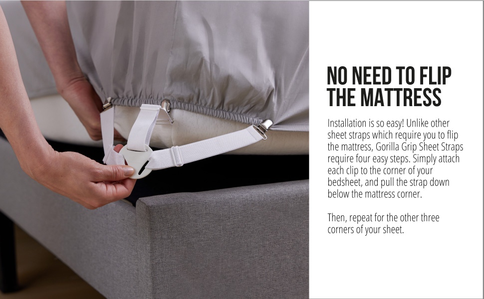 hand adding bed sheet holder straps to queen bed