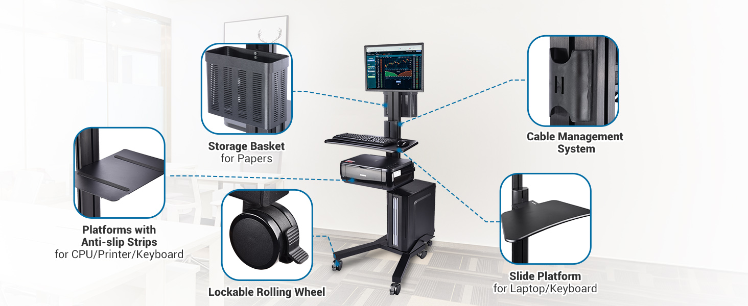 Yescom NexusX Core Mobile Computer Cart Rolling PC Stand Desk Workstation