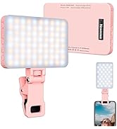 Pink LED video light with adjustable clip mount. Rectangular panel with multiple LEDs, compact design. Shown attached to smartphone and as standalone unit with specifications visible.