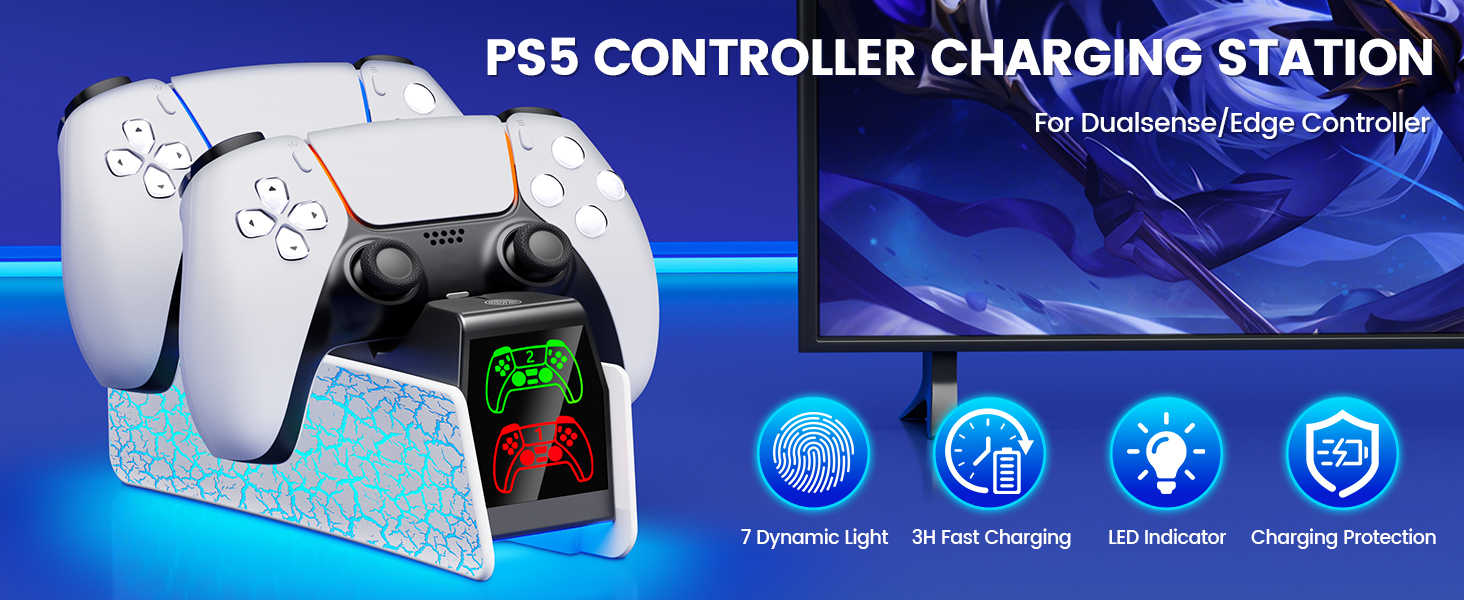 Text reads 'PS5 CONTROLLER CHARGING STATION'. Product banner showing white PlayStation 5 controller charging dock with LED indicators and multiple charging features highlighted.