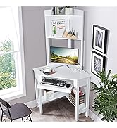 Tangkula White Corner Desk with Hutch, 90 Degrees Triangle Computer Desk with Keyboard Tray &amp; Boo...