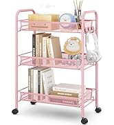 TOOLF 3 Tier Rolling Utility Cart - Durable Metal Design Pink Utility Cart, Storage Trolley on Wh...