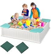 HONEY JOY Kids Sandbox with Cover, 48x48 Inch Large HDPE Sand Pit for Backyard, 4 Corner Seating ...