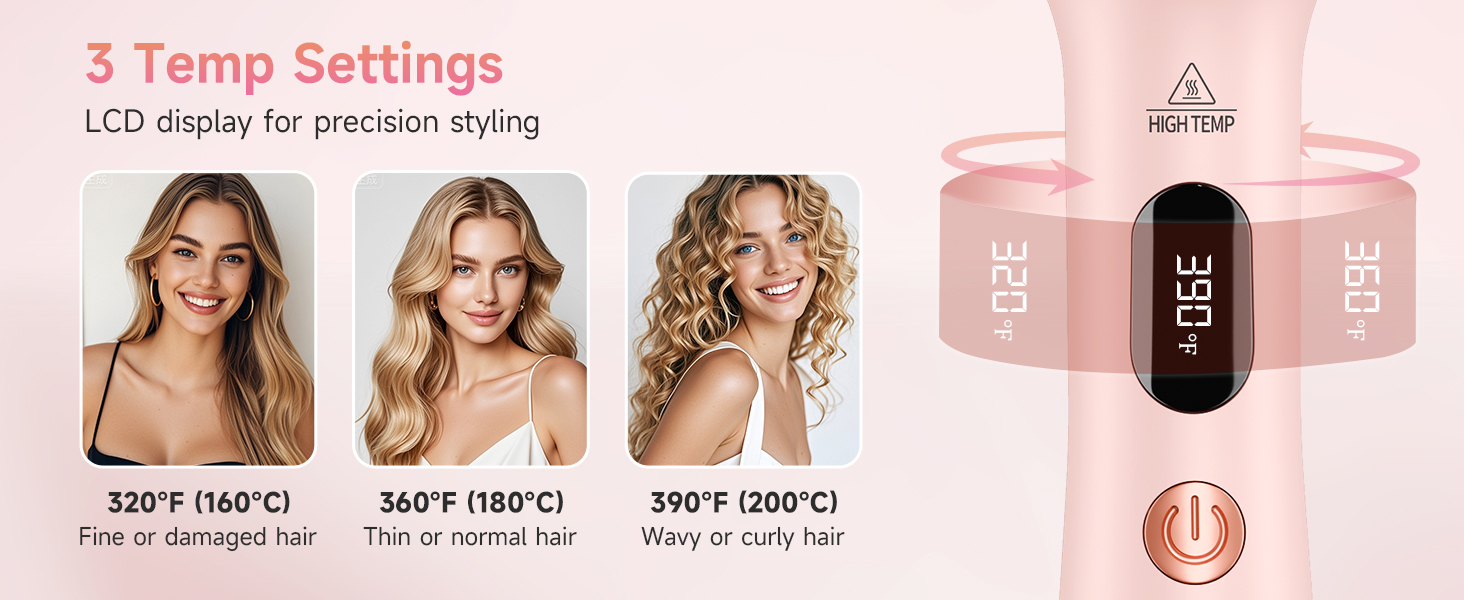 3 heat settings from 320°F to 390°F for all hair types, shown on a clear LCD display for precision