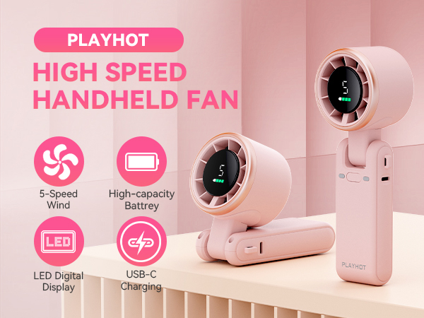 Pink handheld fan rechargeable LED digital display 4000mAh personal fan mini fan USB C charging