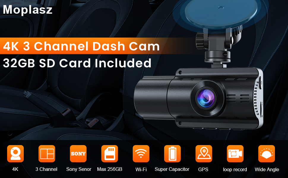 3 Channel 4K Dash Cam Front and Rear 