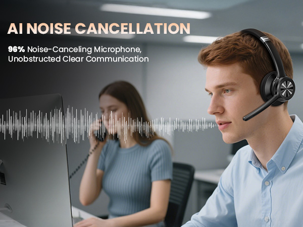 Text reads 'AI NOISE CANCELLATION'. Composite image showing professional communication headset with noise-canceling technology demonstration through waveform visualization.