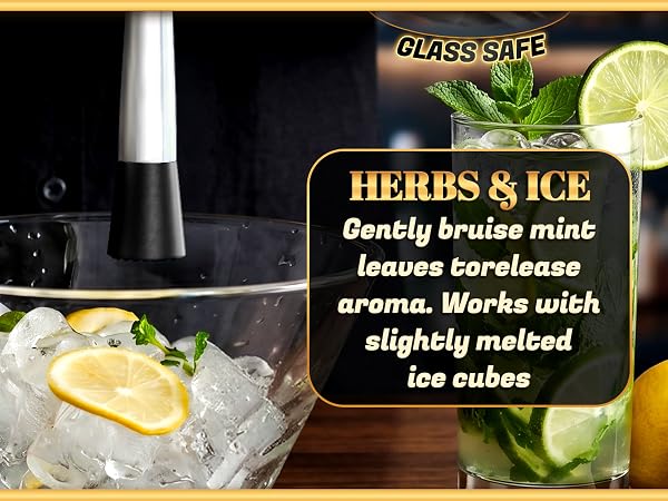 lemon smasher used in bowl with ice herbs and lemon slices for drink preparation
