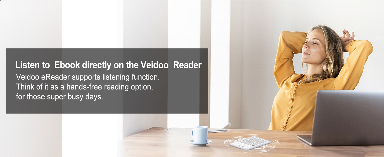 Woman relaxing in a chair, listening to an e-book on a Veidoo e-Reader device. Text describes the device's listening function and battery life.