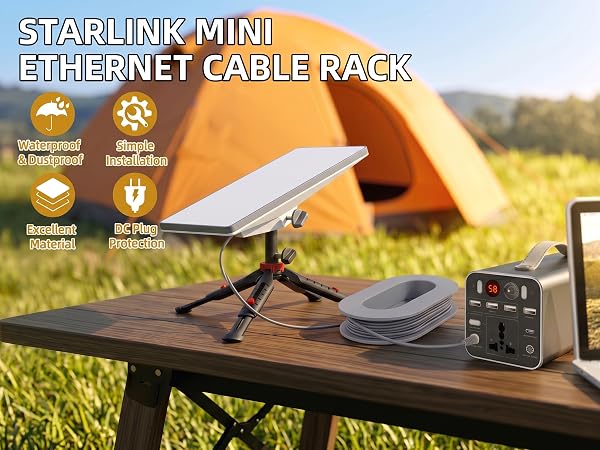 Starlink Mini ethernet cable rack organizer for outdoor camping setup